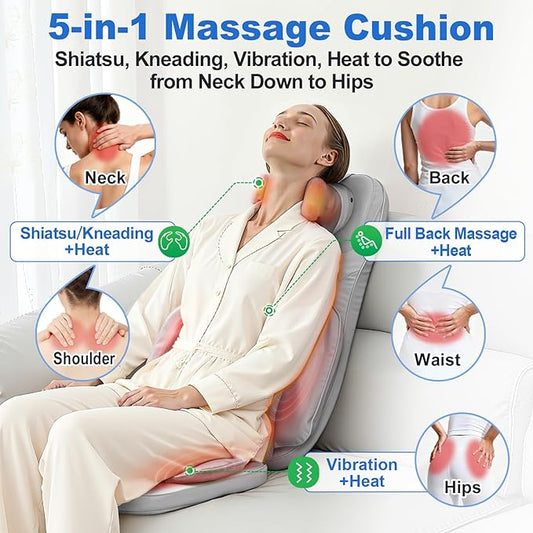 Shiatsu Neck and Back Massage Cushion with Heat - 4D Kneading and Vibration for Muscle Relief, Dual-Neck Design, Adjustable Intensity and Height for Office Chair and Home Use, Grey