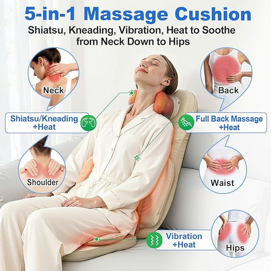 Shiatsu Neck and Back Massage Cushion with Heat - 4D Kneading, Vibration for Relief Muscle Tension, Dual-Neck Design, Adjustable Intensity and Height for Office Chair and Home Use, Beige