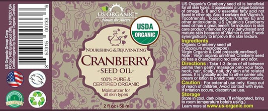 US Organic Cranberry Seed Oil, USDA Certified Organic,100% Pure & Natural, Cold Pressed Virgin, Unrefined in Amber Glass Bottle w/Glass Eyedropper for Easy Application (2 oz (56 ml))