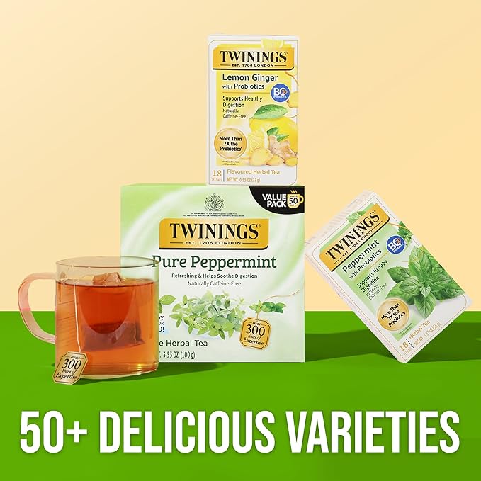 Twinings Superblends Peppermint with Probiotics Herbal Tea, 18 Count (Pack of 6), Naturally Caffeine-FreeEnjoy Hot or Iced, 96 Teabags