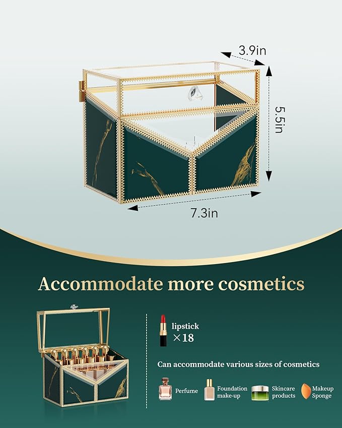 Glass Lipstick Organizer, 18-Slot Green Vanity Makeup Holder for Lipsticks & Nail Polish, Removable Dividers, Vintage Cosmetic Storage Display Box