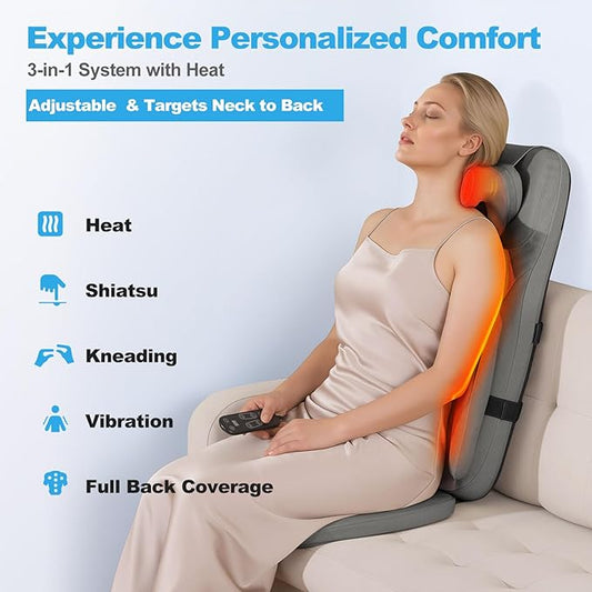 Shiatsu Neck and Back Massager with Heat - 3D Kneading & Vibration Full-Back Massage Cushion to Ease Muscle Stiffness, Adjustable Intensity & Height for Office Chair, Home Use (Brown)