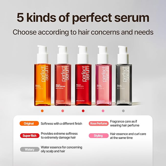 Mise En Scene Perfect Serum Styling - Heat Damage Protection Oil for All Hair Types | Holding Bounce & Heat Protectant | Hair Essence for Long Lasting Curl | Argan Oil | Powdery Scent. 2.70 Fl. Oz.