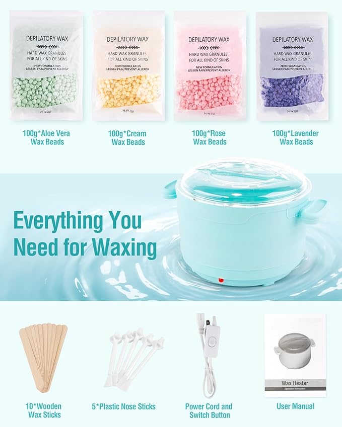 Waxing Kit, Foldable Wax Warmer with 4 Packs Hard Wax Beads, Silicone Wax Pot Machine for Full Body, Face, Eyebrows, Legs, Bikini, At Home Hair Removal Kit with 15 Accessories for Women Men, Green