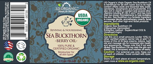 US Organic Sea Buckthorn Berry (Fruit) Oil, Supercritical CO2 extracted, USDA Certified Organic,100% Pure Virgin, Unrefined in Amber Glass Bottle, Face, Hair, spot Treatment, Anti Aging, 2 oz (56 ml)