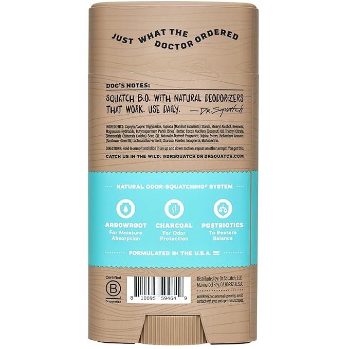 Dr. Squatch Natural Men’s Deodorant – Aluminum Free Natural Deodorant Men with Charcoal & Postbiotics for 72-Hour Odor Protection – Coconut Castaway, 2.65oz Stick (3-Pack)
