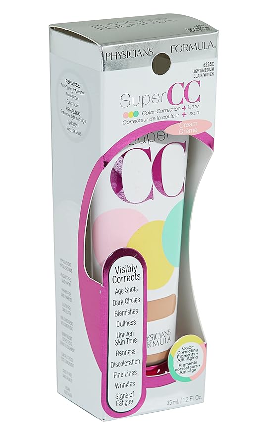 Physicians Formula Super CC+ Cream Color-Correction + Care Cream Full Coverage Light Foundation, Anti Aging Hydrating Serum, For Uneven Skin Tone, Dermatologist Approved