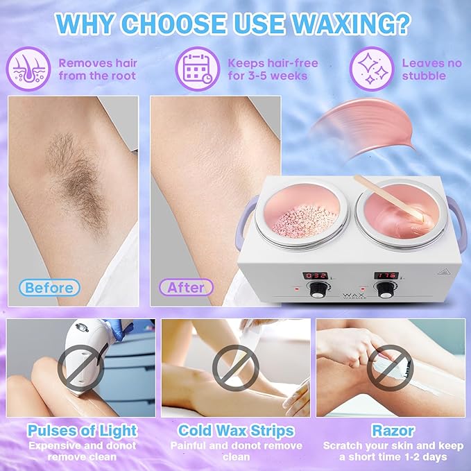 Portable Wax Warmer Machine for Painless Hair Removal, Women Men Professional Wax Heater with Adjustable Temperature Set, 20pcs Sticks (White - Double Pots-Digital)