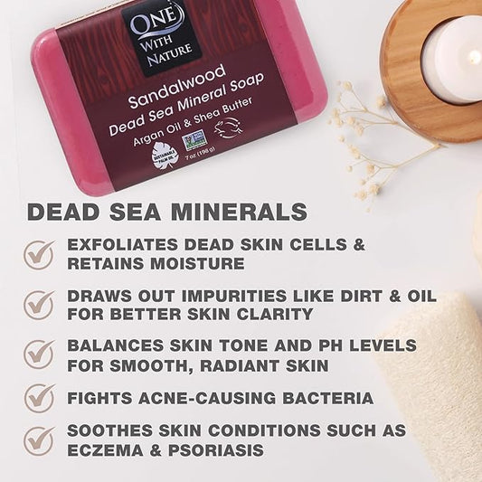 One With Nature Dead Sea Salt Sandalwood Soap 7oz 3-Pack – Purifying and Exfoliating Soap Bar with Dead Sea Minerals and Sandalwood for Face & Body, for Men & Women