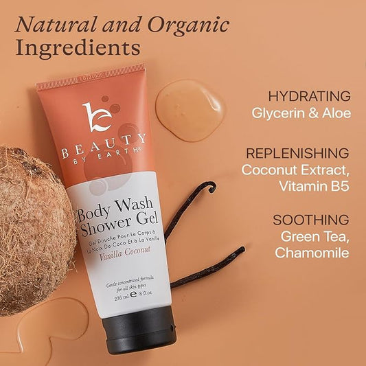 Vanilla Coconut Shower Gel Body Wash - USA Made with Organic & Natural Ingredients, Moisturizing Cleansing Gel for Women, Gentle & Non Toxic Daily Wash for Sensitive Skin, Clean Body Soap Liquid