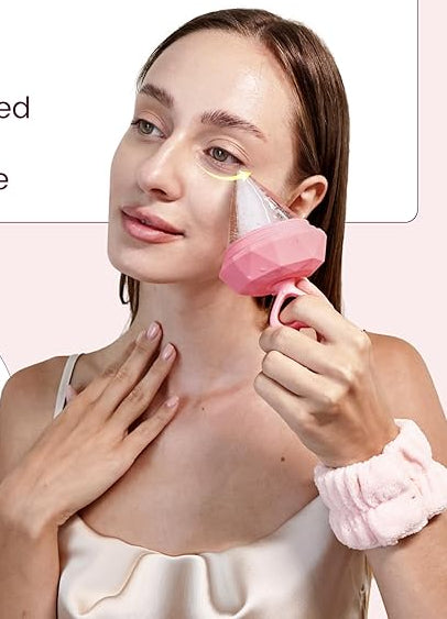 Rena Chris Ice Roller for Face: Diamond Ice Facial Roller, Reach Detailed Areas, De-Puff Eye Bags, Reusable Silicone Massage Ice Mold with Face Wash Wristband, Skin Care Tools for Women(Pink)