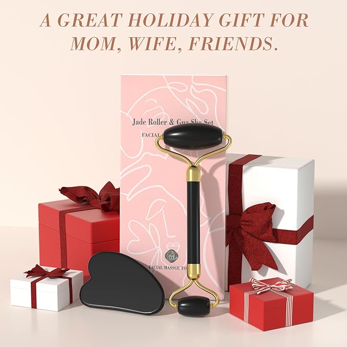 Jade Roller Gua Sha Set - Facial Skin Care Set, Facial Beauty Tools, Natural Beauty Skin Care Tools, Face Roller Massager for Face, Neck, and Eye Treatment,Gua Sha Facial Massager (Black)