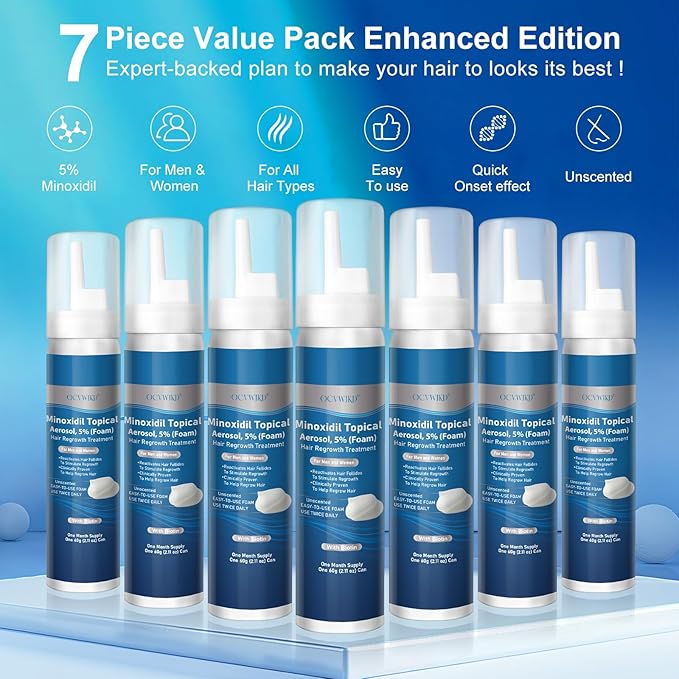 5% Minoxidil Foam, Biotin-Infused, Unisex Adult, Hair Growth Treatment, Unscented, Foam, 14.77 Ounce, 7-8Month Supply, Supports Thicker and Fuller Hair & Beard (Extra Strength)