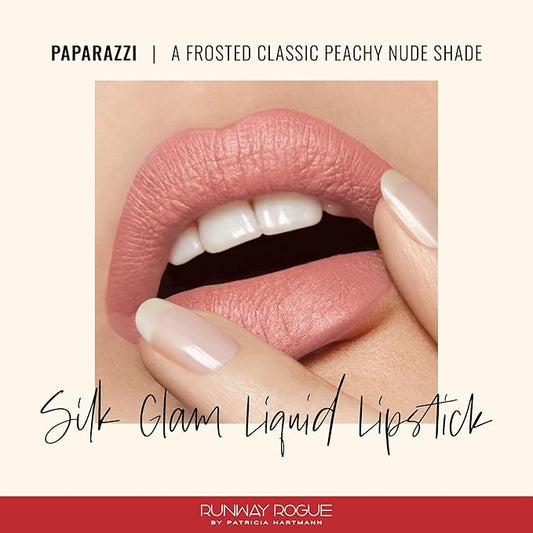 Runway Rogue Silk Glam Liquid Lipstick, Long Wear Frosted Classic Peachy-Nude Lipstick, ‘Paparazzi’