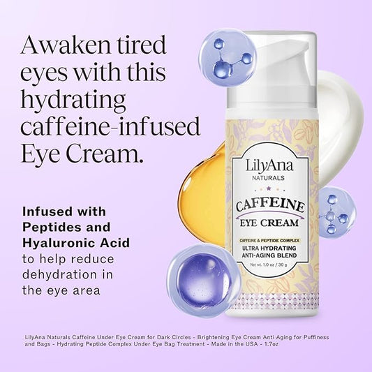 LilyAna Naturals Caffeine Eye Cream with Peptides for Dark Circles, Puffiness, Fine Lines and Wrinkles 1.0 oz