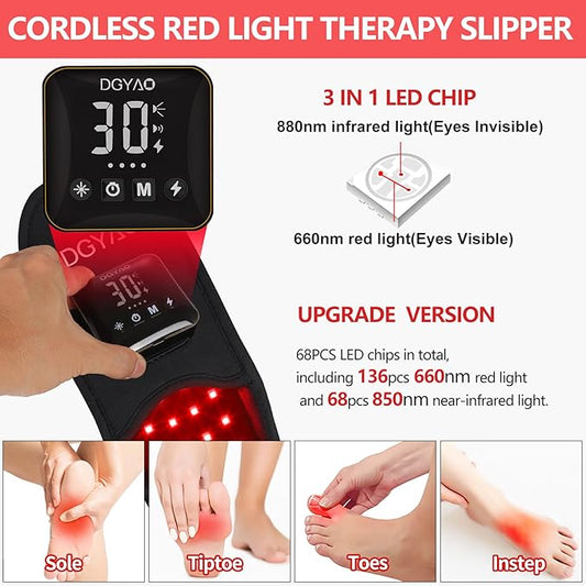 Cordless Rechargeable Red Infrared Light Therapy for Feet Pain Relief FDA Cleared Slipper LED Light Therapy Pad Device for Foot Toes Instep Heel Home Travel Use