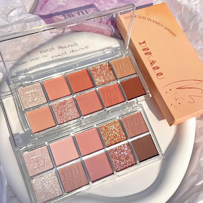 Erinde 10 Color Eyeshadow Palette Makeup - Matte Shimmer Glitter Eye Shadow, Ultra-Blendable, High Pigmented, Naturing-Looking, Neutral Nude Eyeshadow Palette with Professional Brush, Warm Sunshine