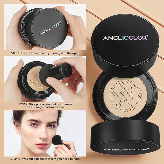 Anglicolor Mushroom Head Air Cushion CC Cream Strong Concealer 2PC,Face Makeup Cushion Foundation Long Lasting,Moisturizing BB Cream Makeup Base Primer Even Skin Tone for All Skin Types (2PC02)