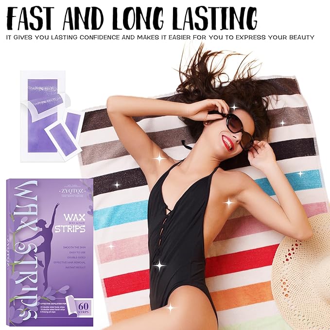 Wax Strips for Hair Removal - 60 Count (40 Body + 20 Face Strips) with 10 Soothing Oil Wipes, At-Home Waxing Kit for Women & Men - Legs, Bikini, Underarms, Face (60 PCS, Lavender)
