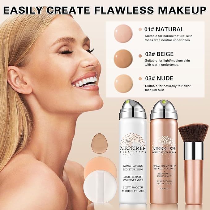 Magic Minerals Airbrush Foundation Spray and Primer for Face Before Makeup,Waterproof Foundation for Older Women,Teenagers,Middle-aged,Anti-aging Formula for Smooth Radiant Skin (03 Nude)