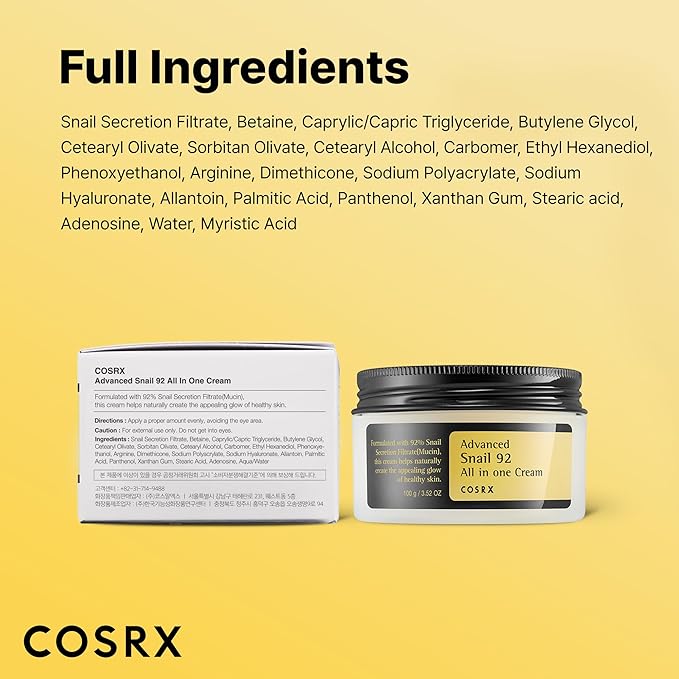 COSRX Snail Mucin 92% Face Moisturizer, 3.52 Oz, Lightweight Moisturing Cream for Soft, Glowy Skin, Korean Skin Care, Korean Moisturizer Face Cream