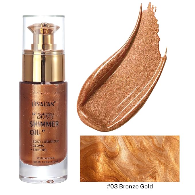 Liyalan Shimmer Body Oil Bronze Gold 1.0 fl.oz Face Glow Pearl Highlighter Illuminator Long-Lasting Shine Glitter Liquid Tanning with Makeup Brush