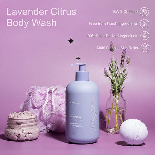 Natural Body Wash for Sensitive Skin, 16oz – Lavender Citrus Scent, Plant-Based, EWG Verified, Hypoallergenic, Paraben-Free, Sulfate-Free, Cruelty-Free