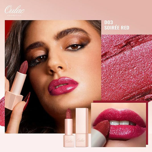 Oulac Shimmer Lipstick for Women, Infinity High Shine Finish, Hydrating Lip Color Infused with Damask Rose Oil for All-Day Comfort, Gluten-Free Vegan Beauty, D03 Soirée Red