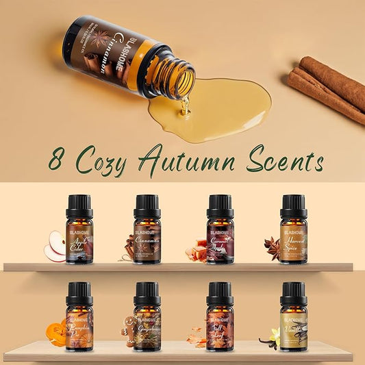 Fall Essential Oils Set | 8 Pcs Autumn Essential Oils for Diffusers for Home, Fragrance Oil for Candle, Aromatherapy Gift Set | Pumpkin Pie, Cinnamon, Apple Cider, Vanilla, Fall Leaf & More