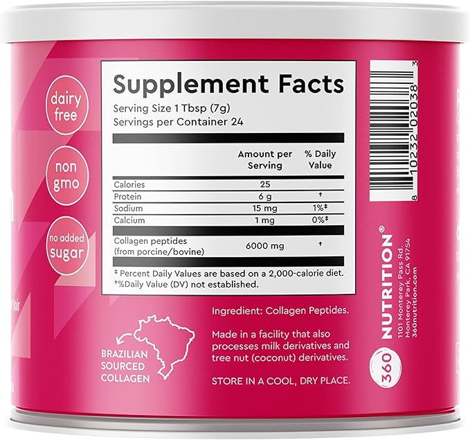 360 Nutrition Collagen Powder for Hair, Skin, Nail, Bone, and Joint Health, Collagen Peptides for Women and Men, Dairy Free, No Added Sugar, Non GMO, Dissolves Easily, Unflavored, 6 Oz, 24 Servings