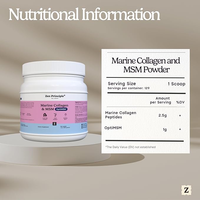 Zen Principle Marine Collagen Peptides Powder with OptiMSM® Supplement. Clinically Tested for Skin Support. Wild-Caught Fish, Non-GMO. Container 16 oz