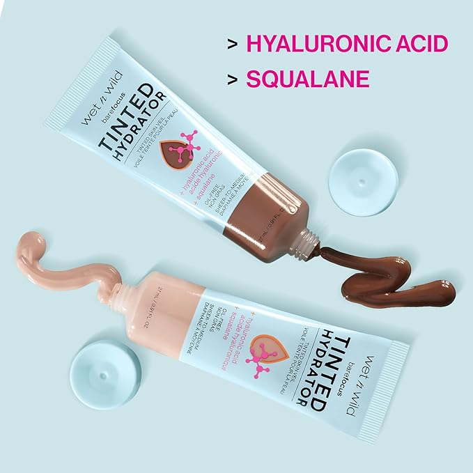 wet n wild Bare Focus Tinted Hydrator Tinted Skin Veil, Lightweight Buildable Coverage with Hyaluronic Acid & Vegan Squalane, Semi-Matte Finish, Cruelty-Free - Deep