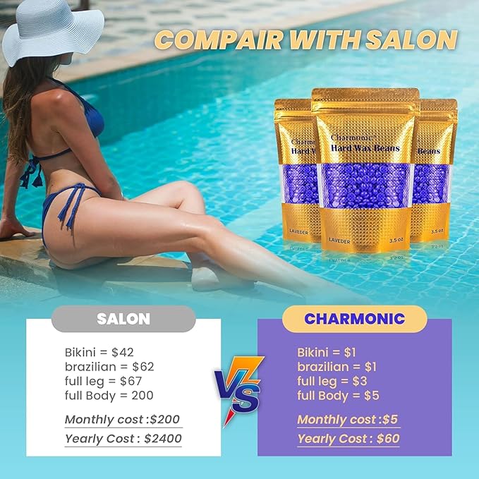 Charmonic Hard Wax Beads, 10 LB Wax Beans, Bulk Hair Waxing Beads for Face, Eyebrow, Brazilian, Legs, Body and Bikini Hair Removal, Depilatory Wax Bead, at Home Waxing Kit for Women & Men (Lavender)