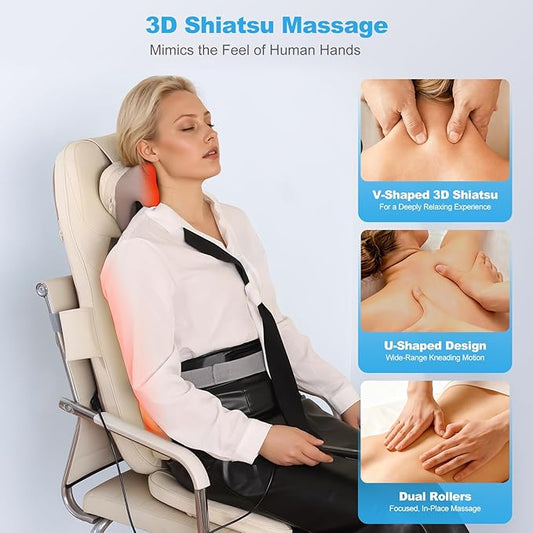 Shiatsu Neck and Back Massager with Heat - 3D Kneading & Vibration Full-Back Massage Cushion to Ease Muscle Stiffness, Adjustable Intensity & Height for Office Chair, Home Use (Beige)