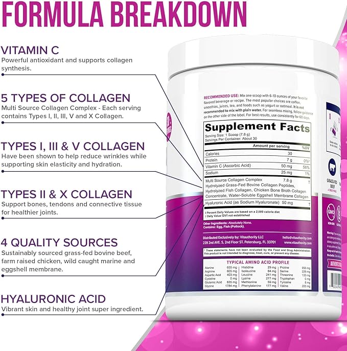 Multi Collagen Peptides Powder for Women - Hydrolyzed Unflavored Collagen Powder for Women with Types I II III V & X Plus Vitamin C & Hyaluronic Acid for Beautiful Hair Skin and Nails - 40 Servings