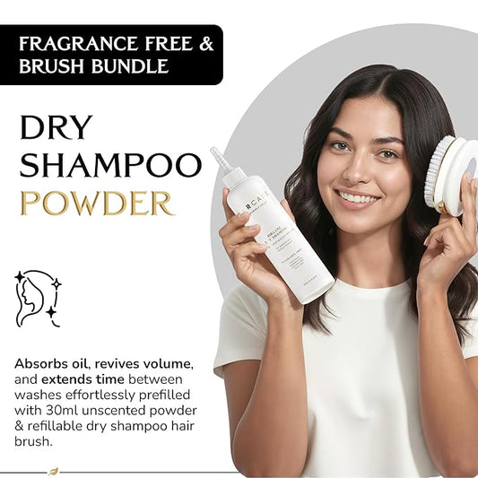 DARCASE Dry Shampoo Powder with Refillable Dry Shampoo Brush - Travel Size Powdered Shampoo Brush - Travel Essentials for Women - Pre-Filled 30ml Unscented Hair Powder Brush & 6.5oz Unscented Bottle