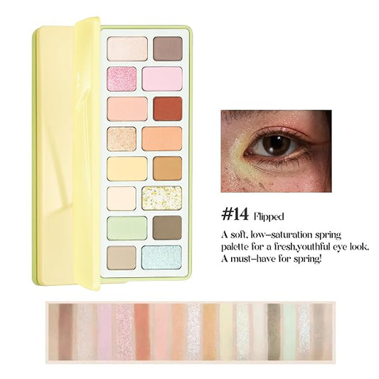 16-Color Eyeshadow Palette Lime Cream Edition - Crease-Proof & Blendable,Pastel Spring Tones with Multi-Texture Shimmers for Daily Wear, Dating (#14Flipped)
