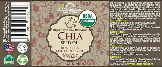 US Organic Chia Seed Oil, Certified Organic, Pure & Natural, Cold Pressed Virgin, Unrefined, Sourced from Paraguay, in Amber Glass Bottle w/Glass Eyedropper for Easy Application (2 oz (56 ml))