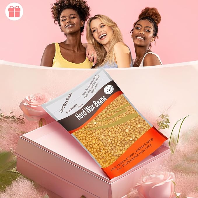 Hard Wax Beads for Hair Removal, Yovanpur Wax Beans for Brazilian Waxing, Waxing Beans for Sensitive Skin, Face Eyebrow Legs At Home Pearl Wax, 300g /bag with 10pcs Sticks(Gold)