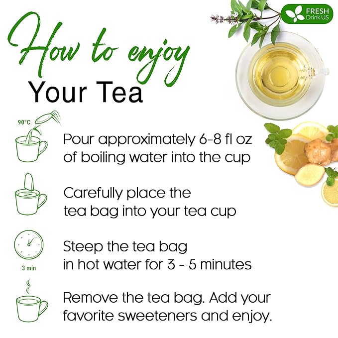 FreshDrinkUS, Premium Tulsi Peppermint Herbal Tea – 135 Tea Bags, 100% Natural, Blend of Tulsi Holy Basil Leaves, and Peppermint Leaves. Made with Natural Material Tea Bags. No Sugar, Vegan.