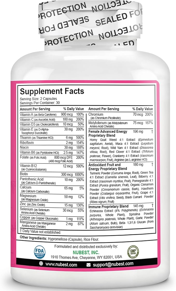 Multivitamin for Women with 39 Key Nutrients, Essential Vitamins, Minerals, Horny Goat Weed, Maca, Wild Yam, Red Clover, Cranberry, Arginine, Herbal Supplement | 60 Vegan Capsules | 1 Month Supply