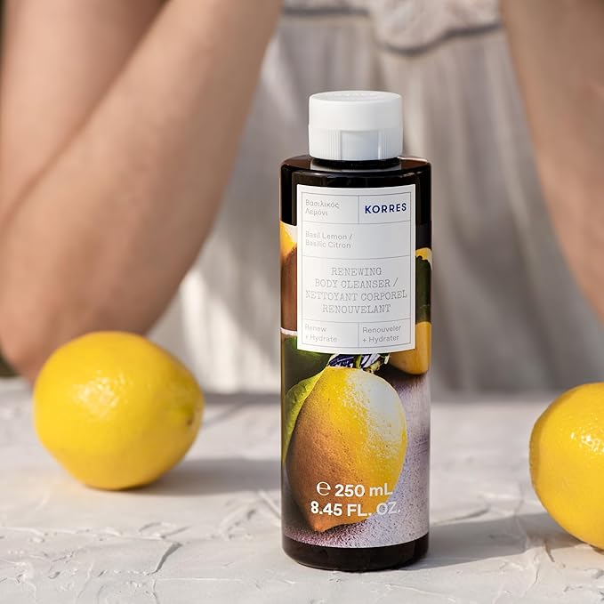 KORRES Renewing Body Cleanser, Basil Lemon Scent, Foaming Shower Gel for Women & Men with Hydrating Greek Botanicals, Body Wash for Smooth Skin, Vegetarian & Cruelty Free, Made in Greece, 8.45 Fl Oz