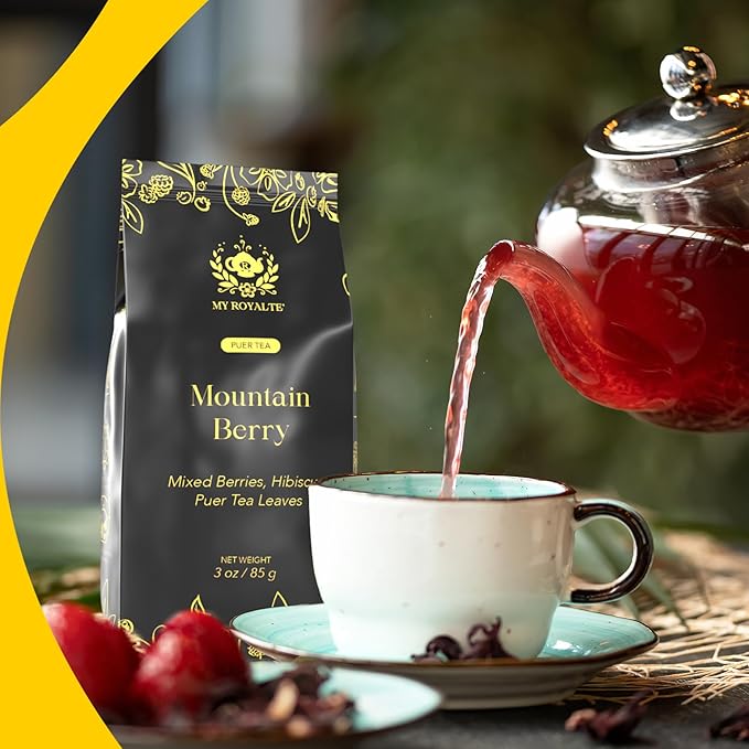 MyRoyalte Mountain Berry Puerh Tea Organic - Hibiscus Tea Loose Leaf Tea With Blueberries Grapes Mullberries - Pu'er tea Rosehip Tea - Organic Herbal Tea Chinese Tea Gift Idea for Tea Lovers - 3 oz