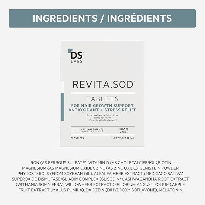 DS Labs Revita.SOD Hair Support Tablets - Daily Hair Wellness Supplement with Superoxide Dismutase, Zinc & Ashwagandha, For Men & Women, 30 Tablets
