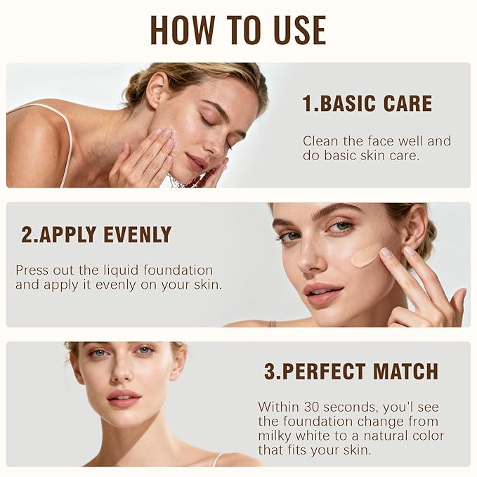 2-in-1 Color Changing Foundation, Long-Lasting, Waterproof, Sweat-Proof, Lightweight, Medium to Full Coverage, Natural Look for All Skin Types (1 Fl Oz (Pack of 2))