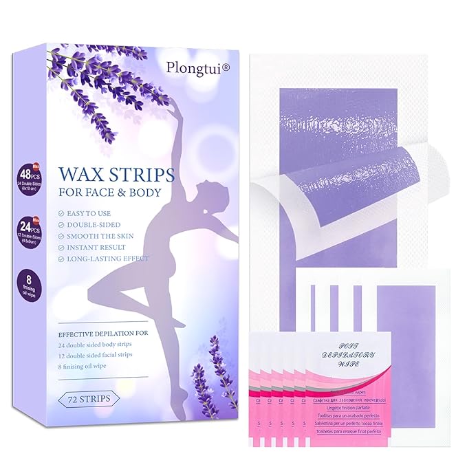 72PCS Wax Strips for Hair Removal, 48 Body & 24 Face Wax Strips with 8 calming Oil Wipes, At Home Waxing Kit for Women & Men - Body, Arms, Legs, Back, Bikini & Brazilian, Hypoallergenic All Skin Types