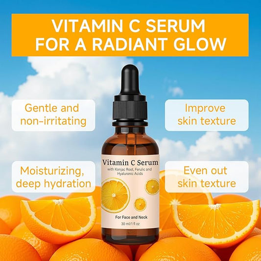 Vitamin C Serum, Hyaluronic Acid Serum for Face, 2 Packs All-In-One Hydrating Rich in Ferulic & Vitamin E for All Skin Type Facial Skincare Smooths Fine Lines for Neck Face