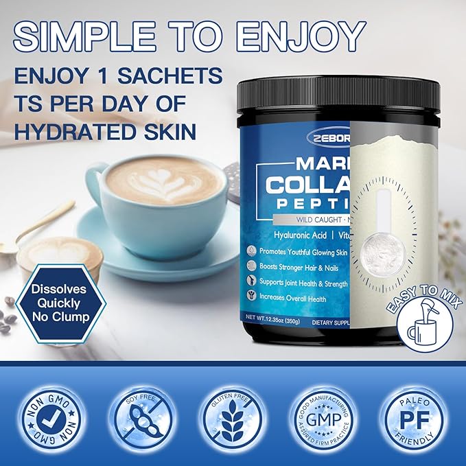 ZEBORA Marine Collagen Peptides Powder with Hyaluronic Acid, Keratin - Wild Caught Hydrolyzed Fish Collagen with Multivitamins - Support Skin Hair Nail, Keto Friendly, 35 Servings
