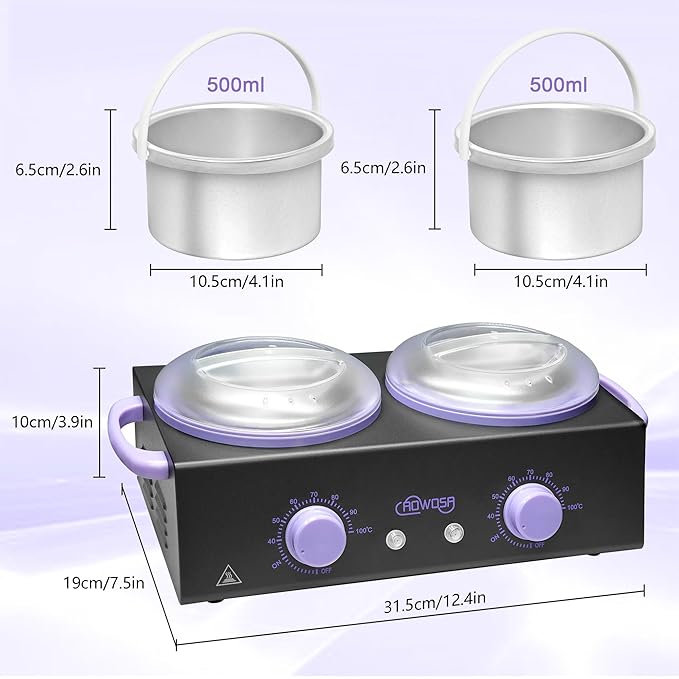 Professional Waxing Kit Wax Warmer Double Pot Wax Heater Machine for Hair Removal, Large Waxing Pot for Spa Salon Beauty Esthetician Home, with Non-Stick Easy Clean Pot, 50 Sticks & 20 Collar, Black