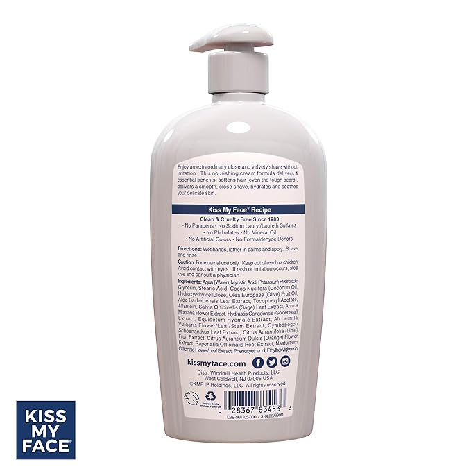 Kiss My Face Fragrance Free Moisture Shave, 4 In 1 Shaving Cream, Cruelty Free And Vegan, With Added Olive Oil And Aloe Leaf Extract, Vitamin E Rich, 11 fl Oz Pump Bottle